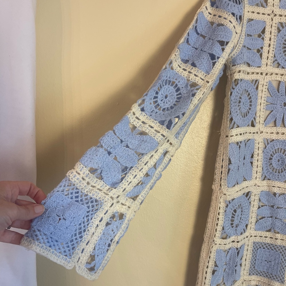 Ivory Crochet Lace Mini Dress S Granny Square Patchwork Boho Cottagecore Retro - Picture 4 of 14